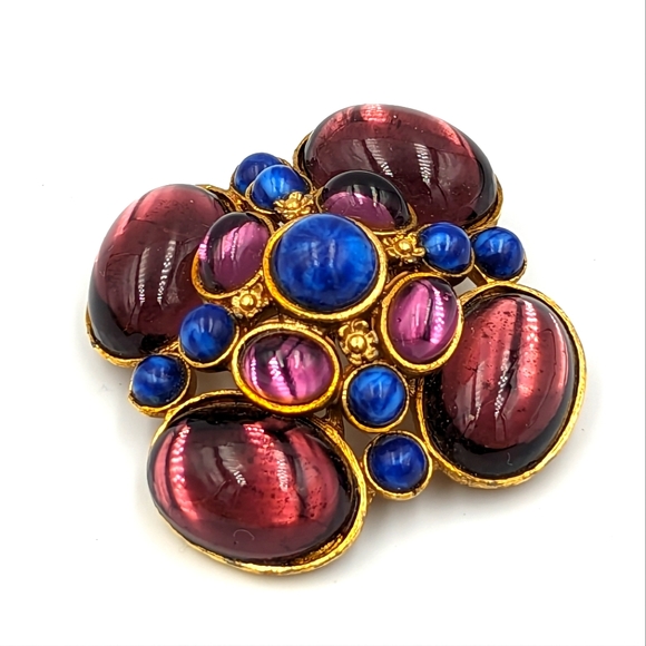 Vintage Magenta & Blue Numbered Vauxhall Glass Foil Backed Cabochon Brooch A1818 - Picture 1 of 9